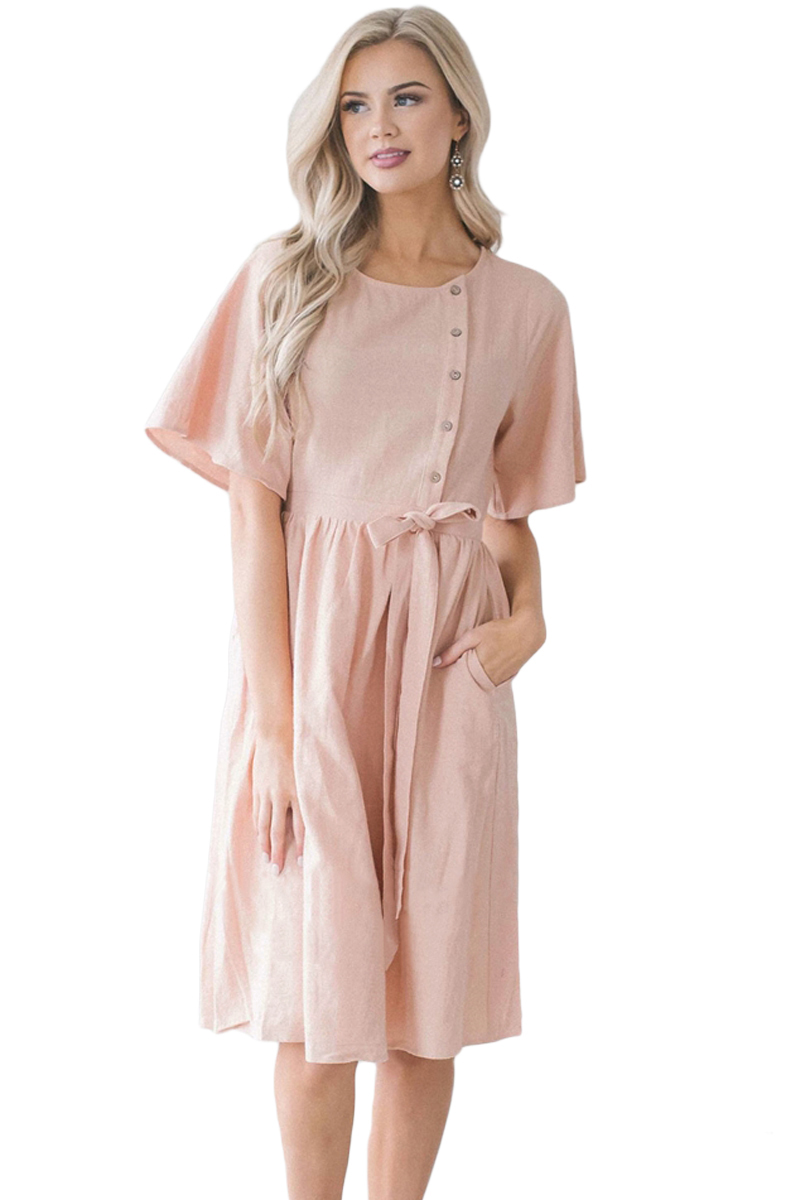 Pink Asymmetrical Button Up Front Midi Dress (缺货预定)