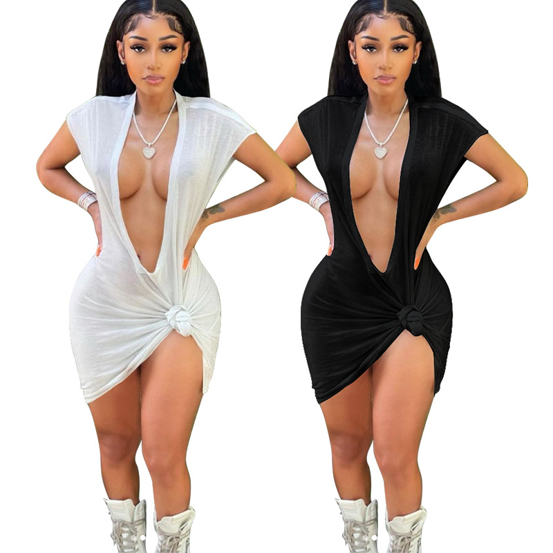 Dress sexy solid color deep V-neck solid color nightclub skirt MY9876