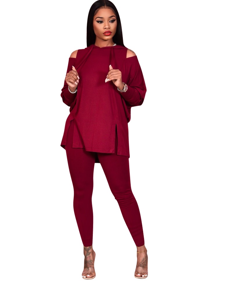 Autumn Solid Plain Cut Out Hoody Shirt and Pants Set