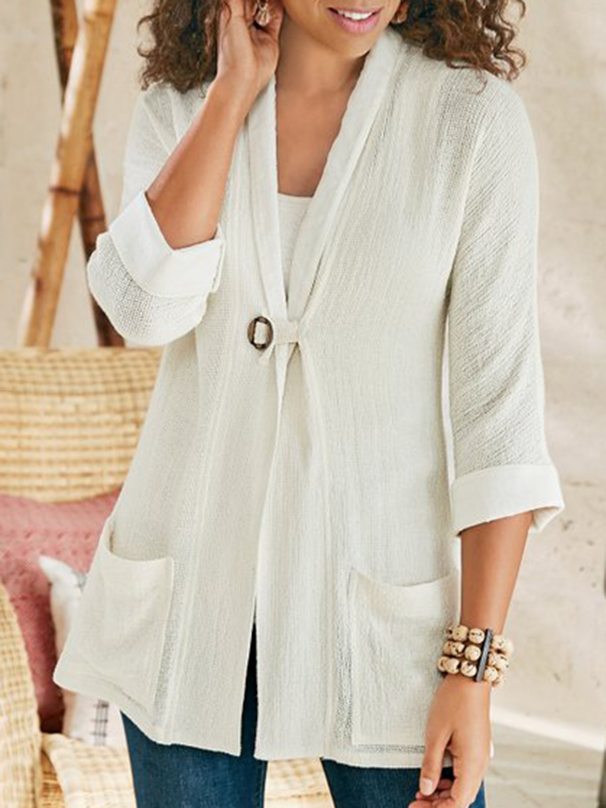 White Casual Shift Solid Pockets Outerwear