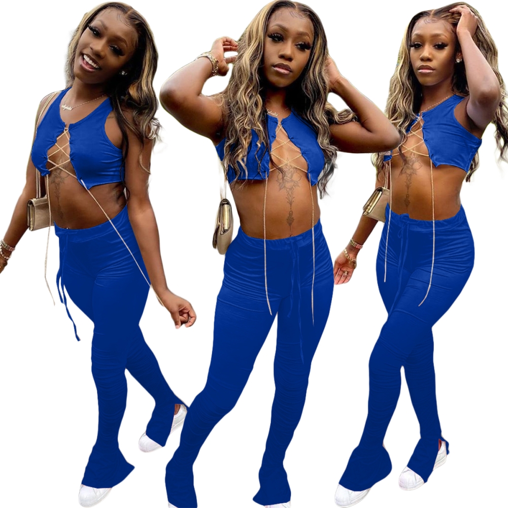 Sexy Lace Up Crop Top and High Waist Stacked Legging Set