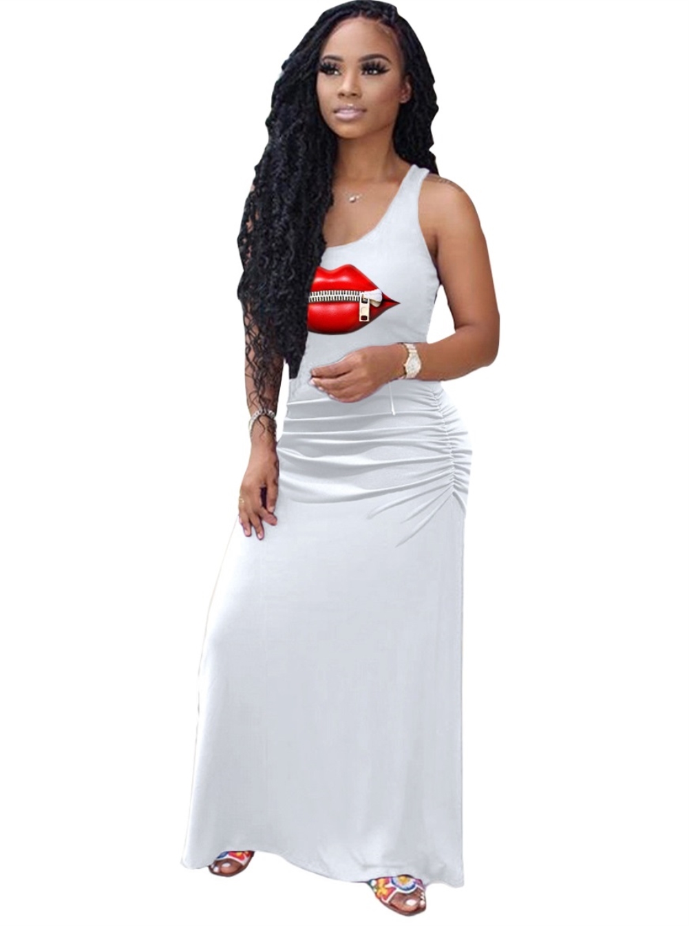 Summer Print Sleeveless Ruched Long Dress