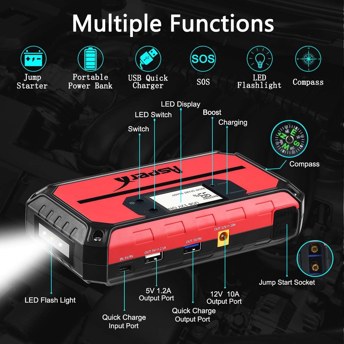 AsperX Jump Starter Car Booster Battery Starter Emergency Charging Device