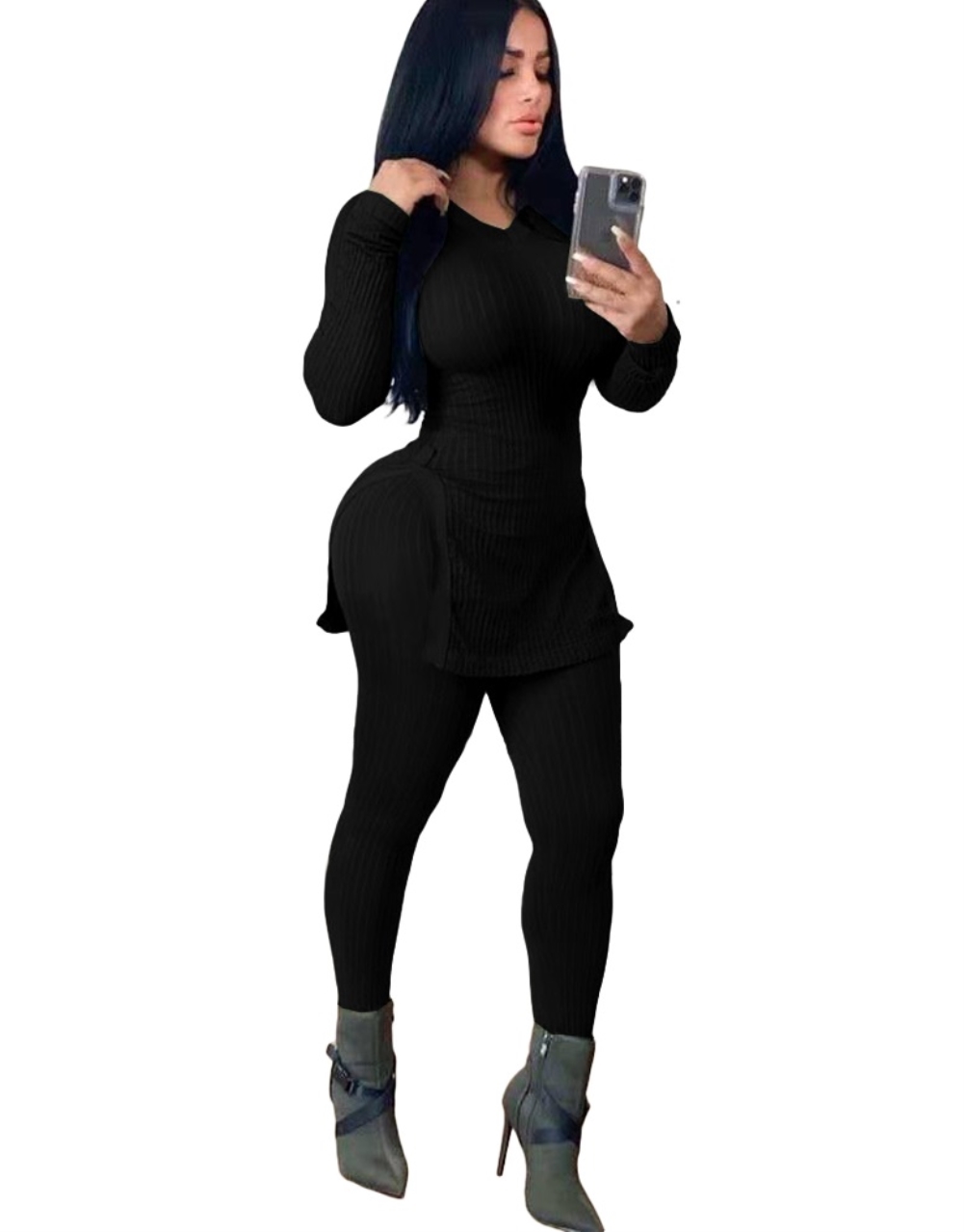 Autumn Black Knitted Two Piece Tight Pants Set