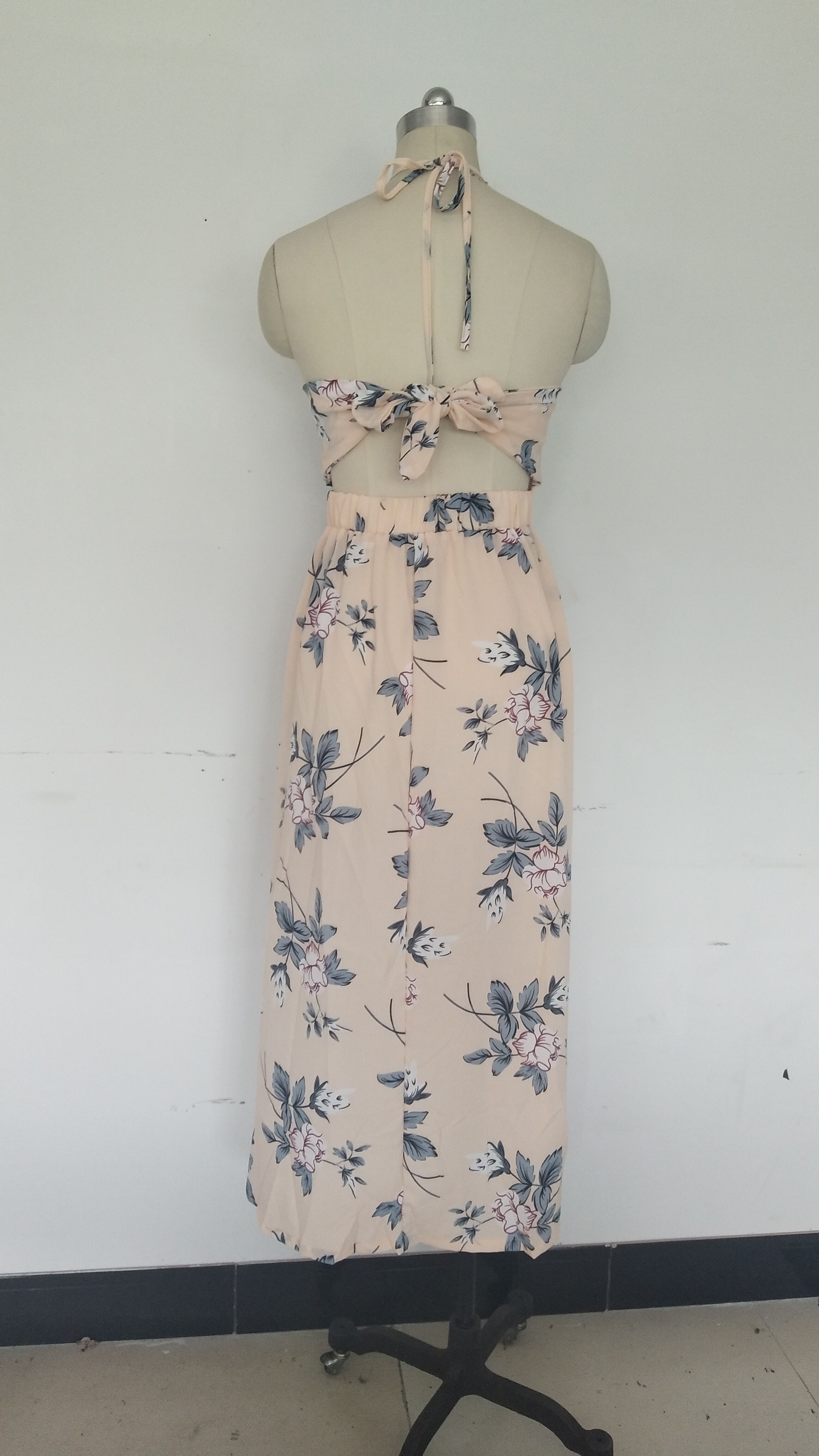 Low Back Halter Floral Long Dress with Cut Sides