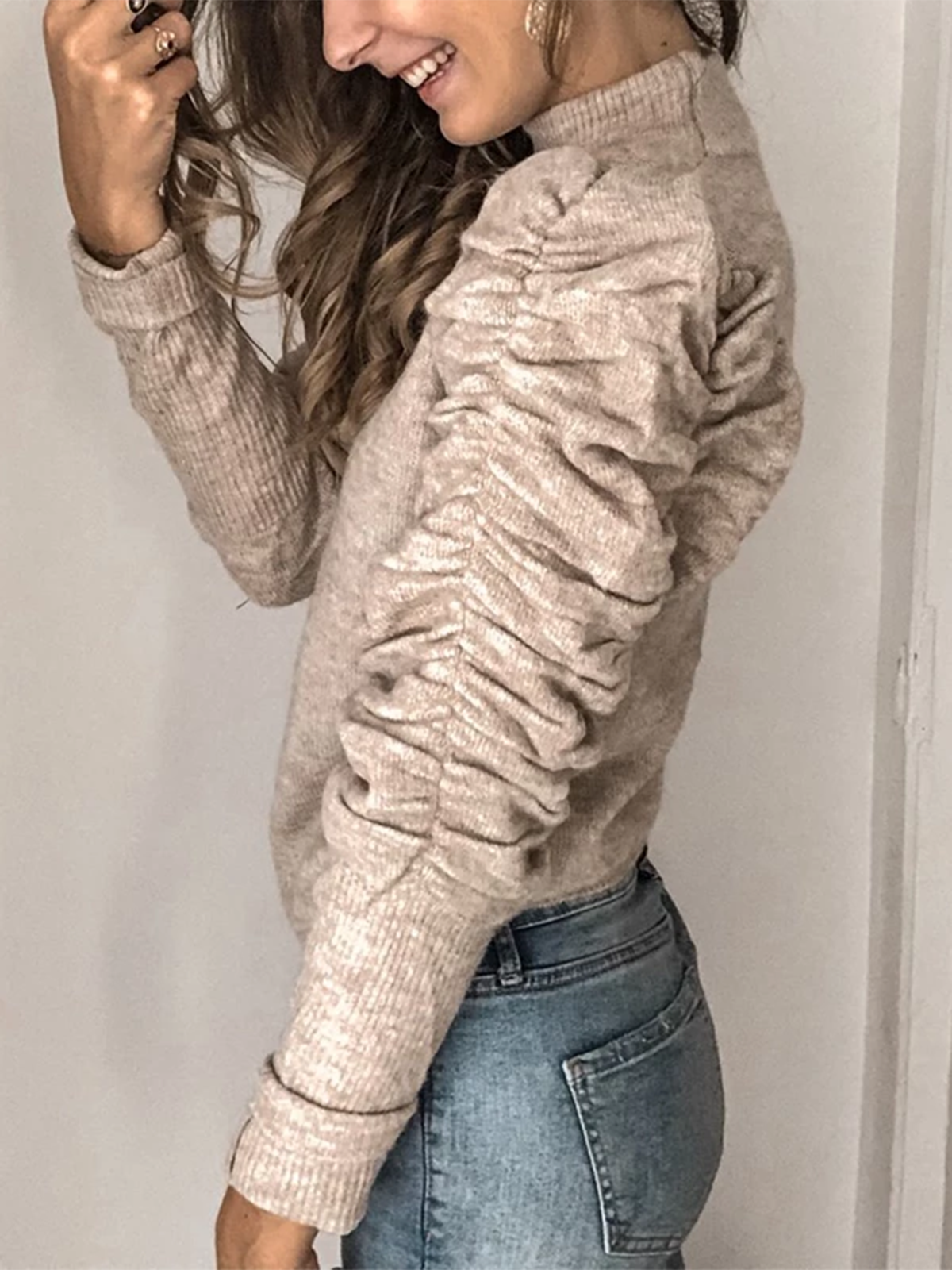 Stand Collar Paneled Long Sleeve Shirred Sweaters