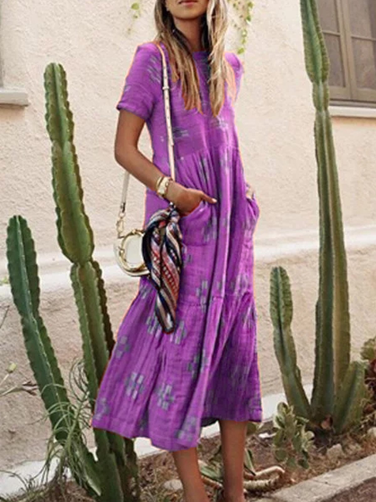 Pockets Cotton-Blend Short Sleeve Dresses