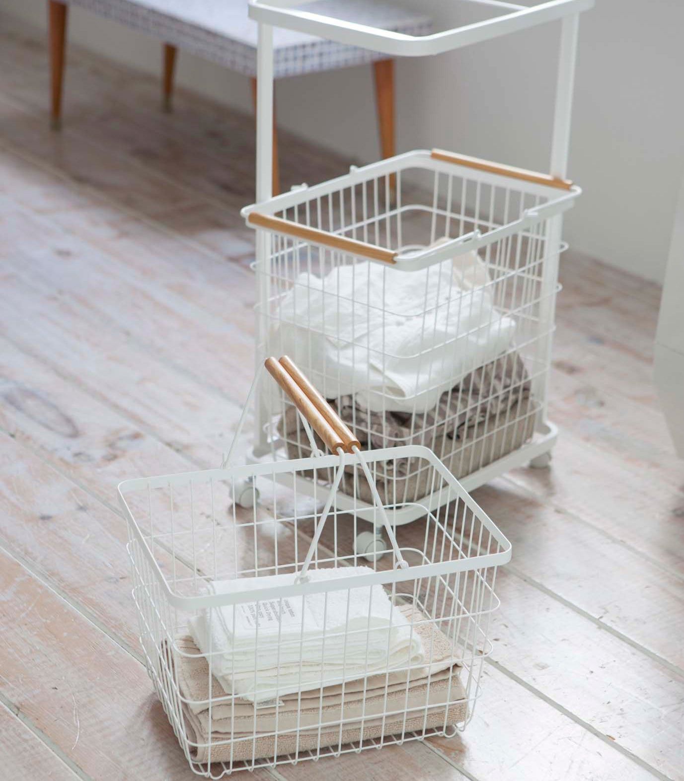 Rolling Laundry Cart + Wire Baskets – Steel + Wood