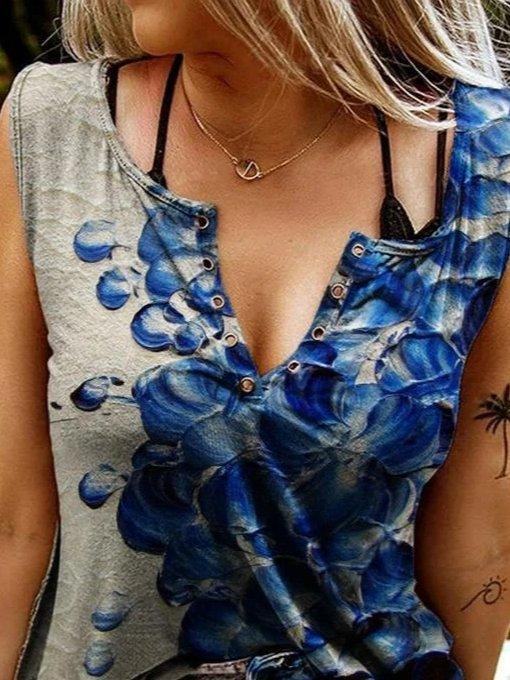 Sleeveless Buttoned Floral Cotton-Blend Shirts & Tops