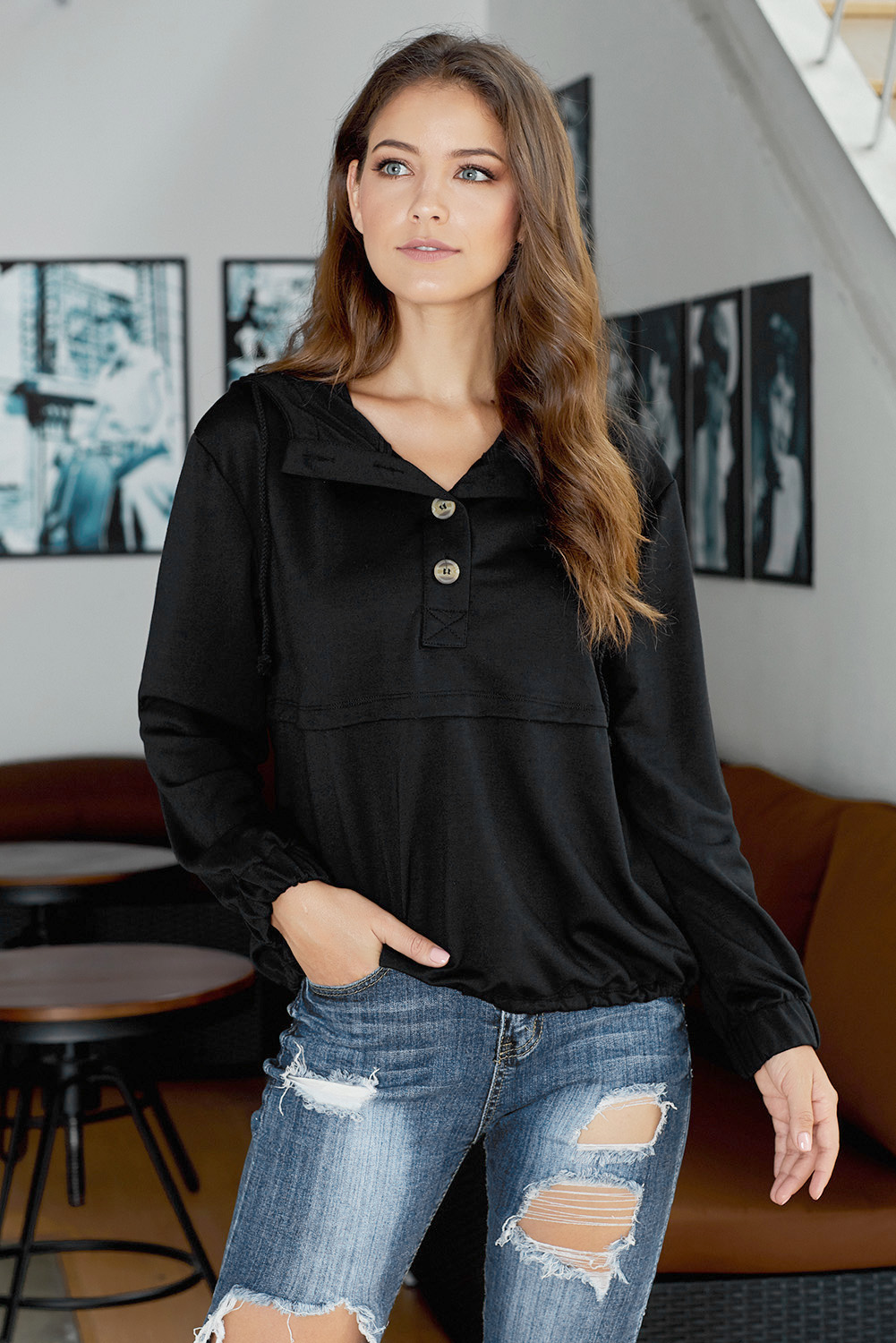 Black Alpine Drawstring Hoodie