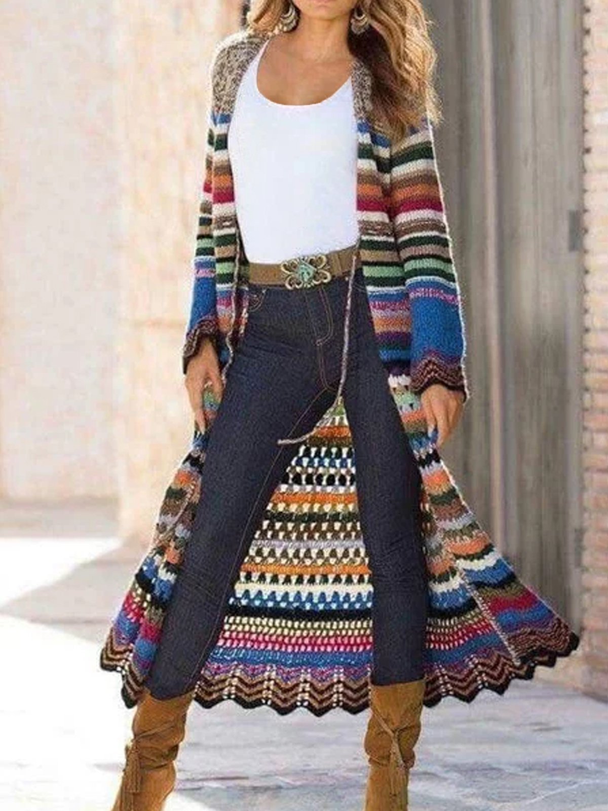 Long Sleeve Knitted Color-Block Vintage Shift Cardigan