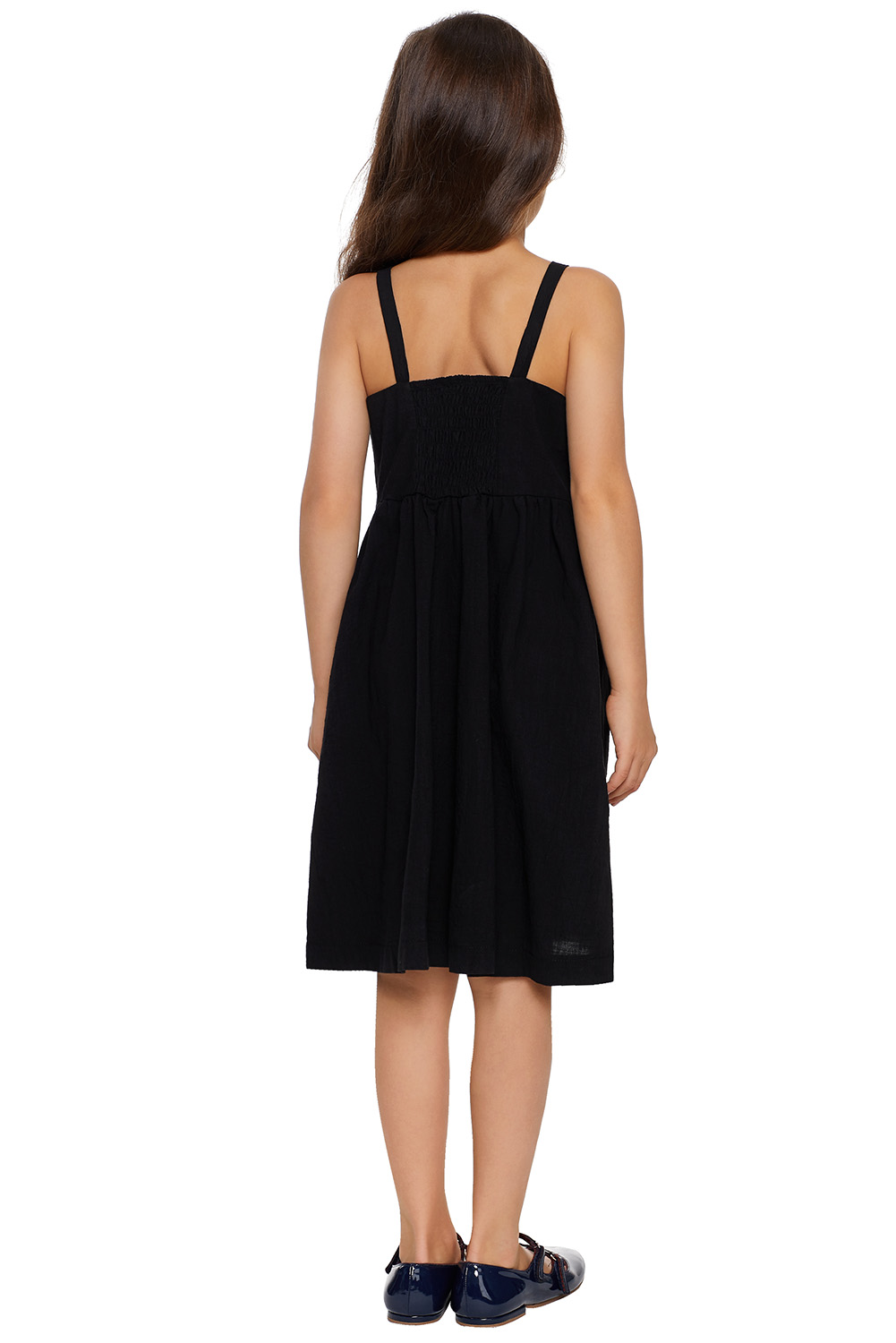 Black Little Girls Spaghetti Strap Button Dress with Pockets