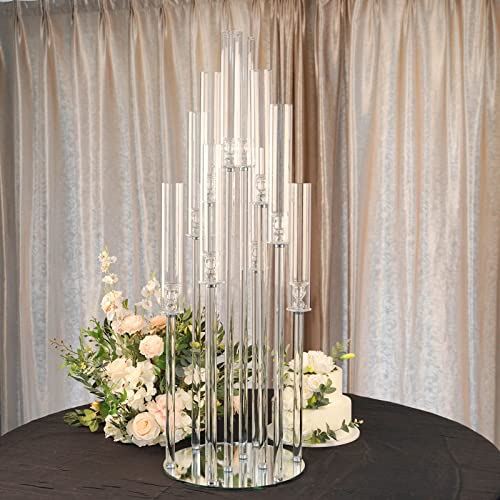 47′′ Tall – 10 Arms Crystal Pillar Candle Holders with Mirror Base for Wedding, Party...