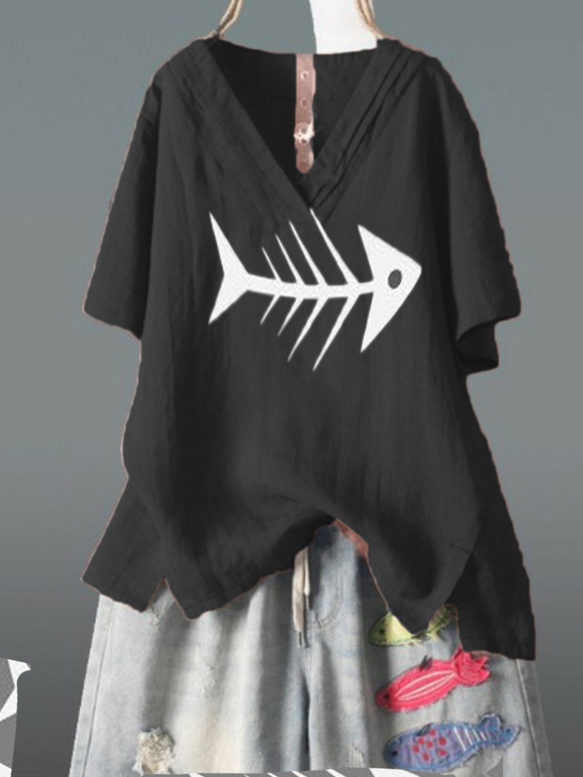 Printed V Neck Cotton-Blend Casual Shirts & Tops