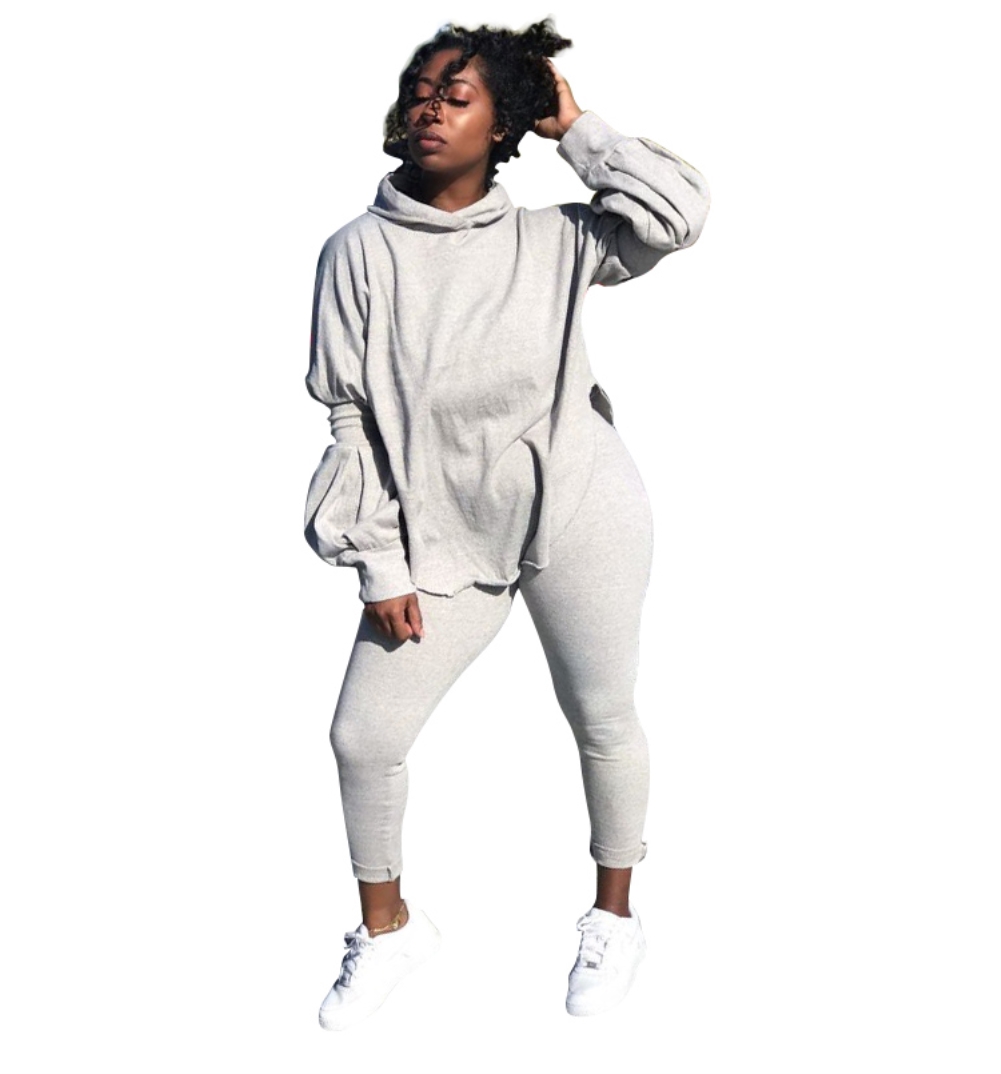 Autumn Solid Plain Matching Casual Hoody Top and Pants Set