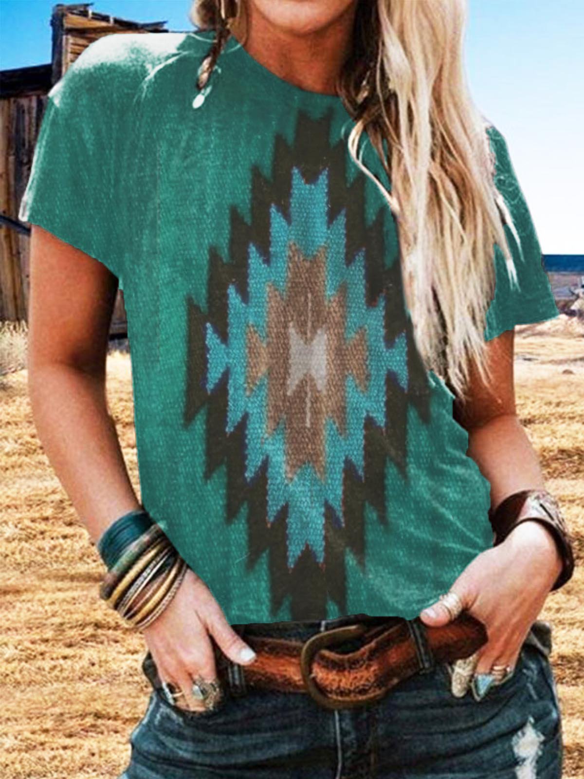 Short Sleeve Color-Block Geometric Shirts & Tops