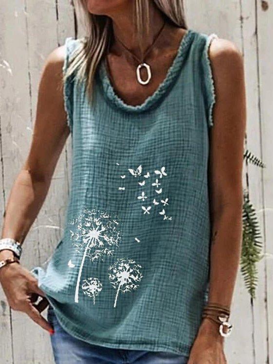 Dandelion Print Round Neck Sleeveless Casual Tank Tops