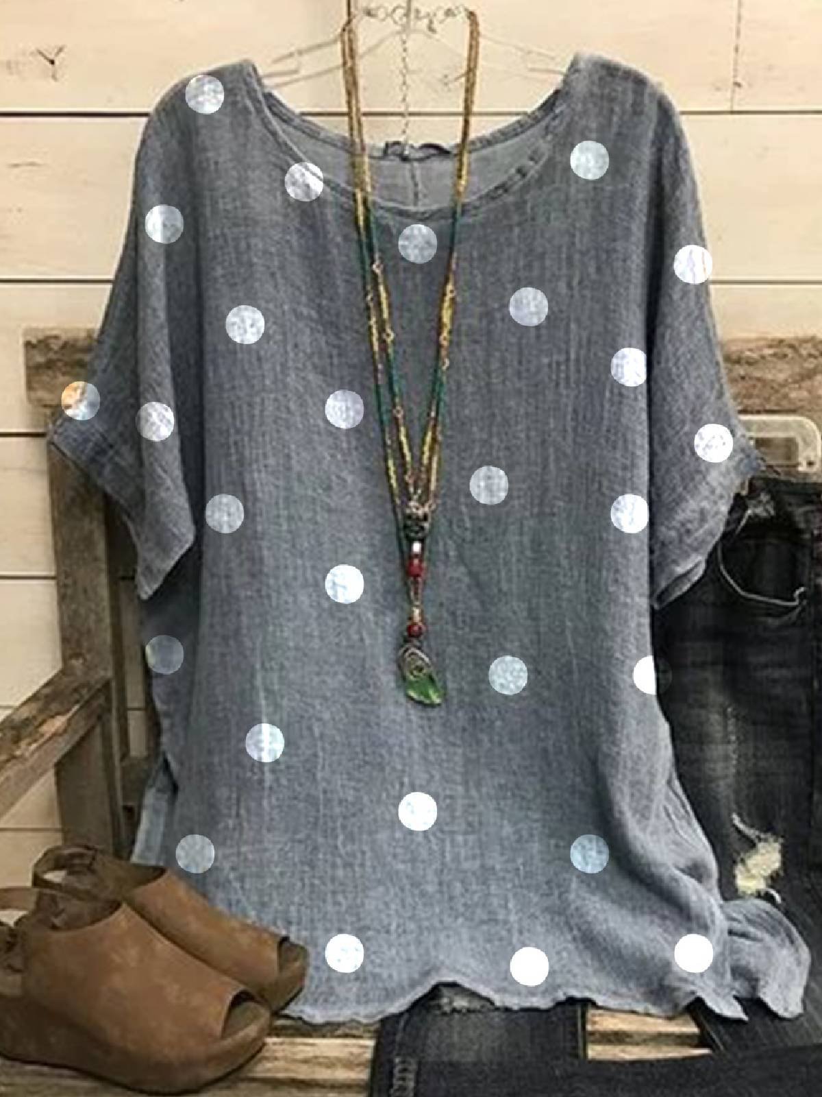 Gray Floral-Print Casual Crew Neck Short Sleeve Shirts & Tops