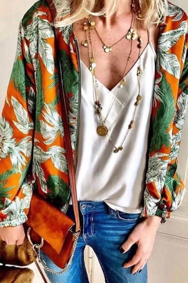 Women's Vintage Printed Color Metal Zipper Long Sleeve Cardigan