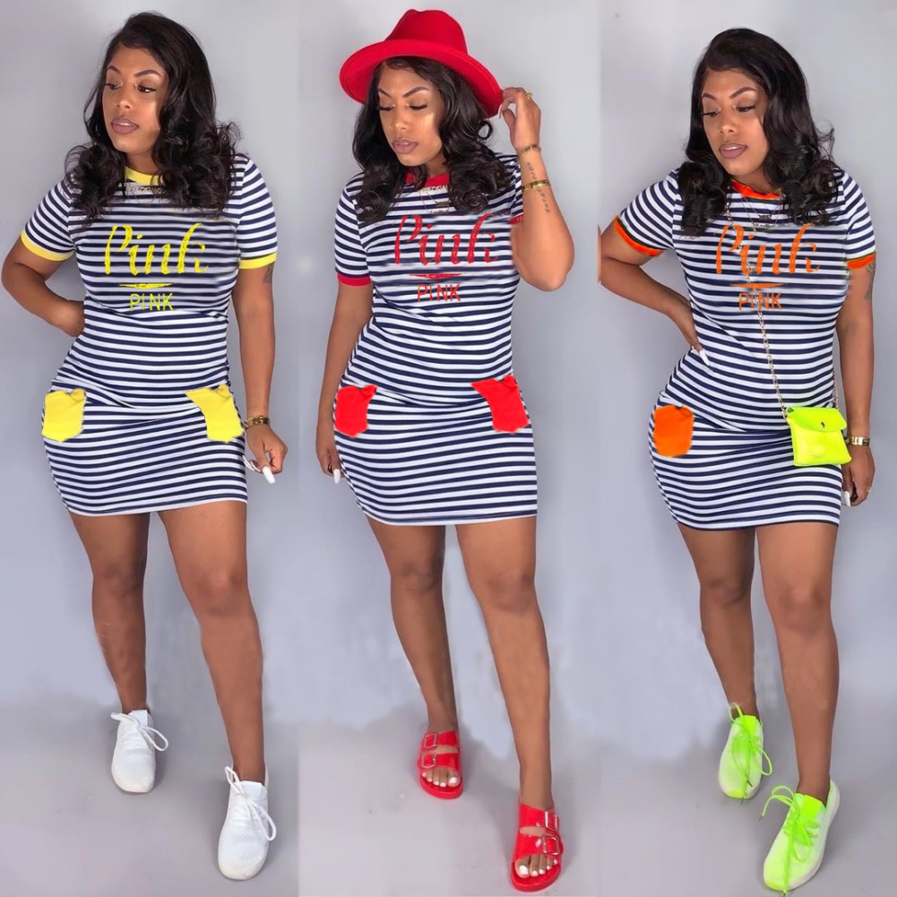 Summer Print Striped Tight Shirt Dress