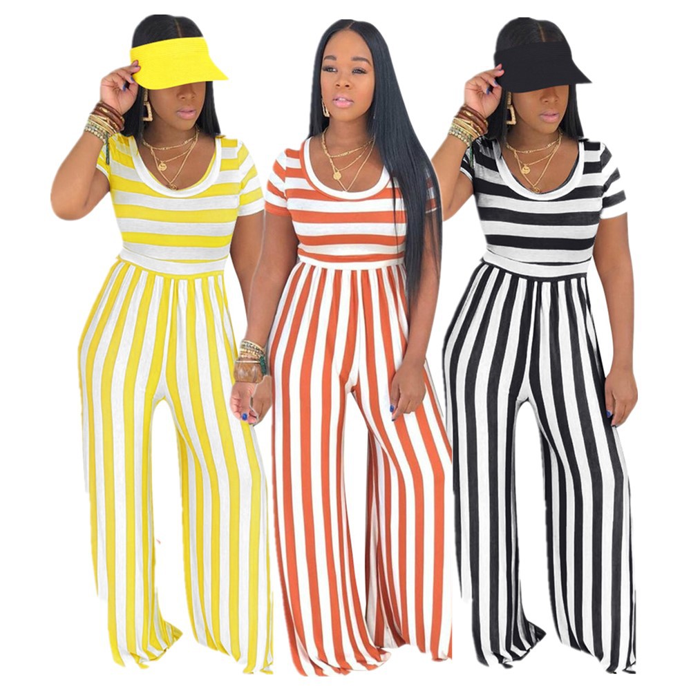 Striped round neck short-sleeved wide-leg jumpsuit YYU6395