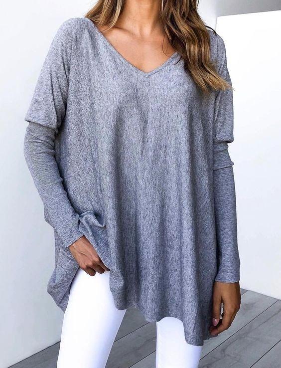 Casual Plain V-neck Long Sleeve Shirt
