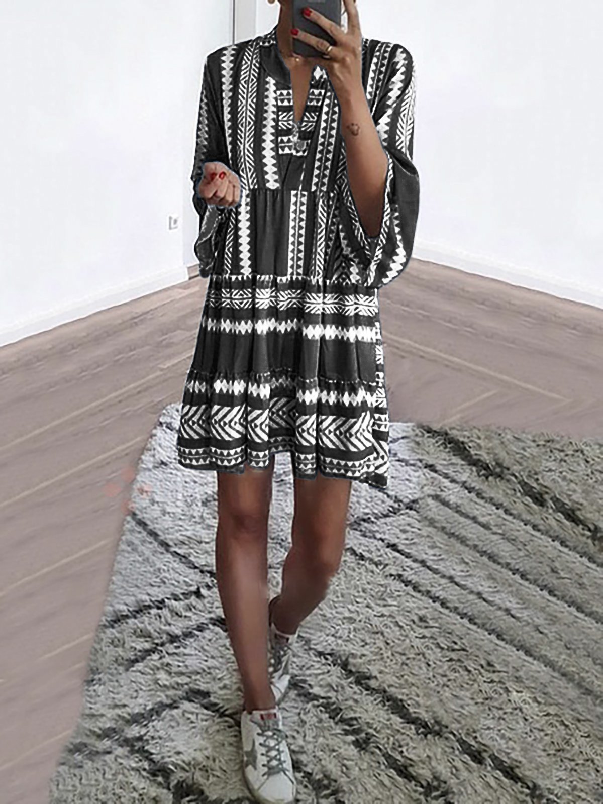 V neck Green  Women Daily Long Sleeve Basic Cotton Paneled Plain Spring Dress