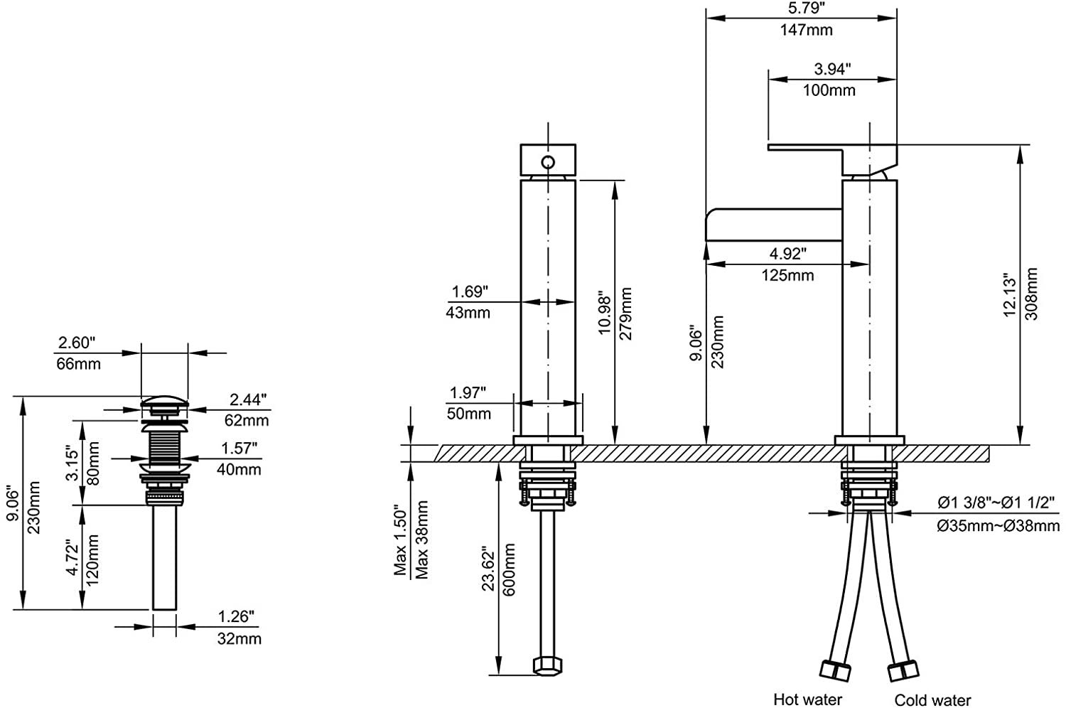 Hole Bathroom Faucet in Brushed Gold Finish cUPC Certified