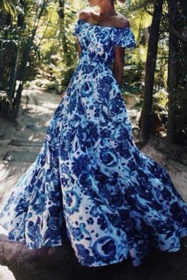 Fashion One Word Collar Printing Evening Dresses