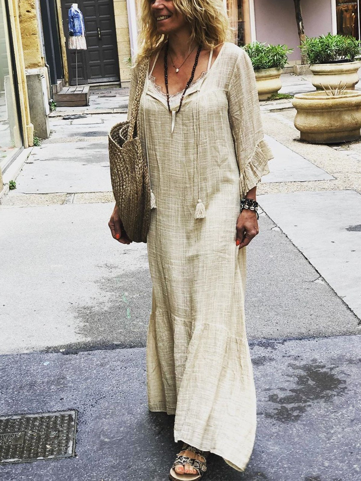 Ruffled Casual V Neck 3/4 Sleeve Dresses