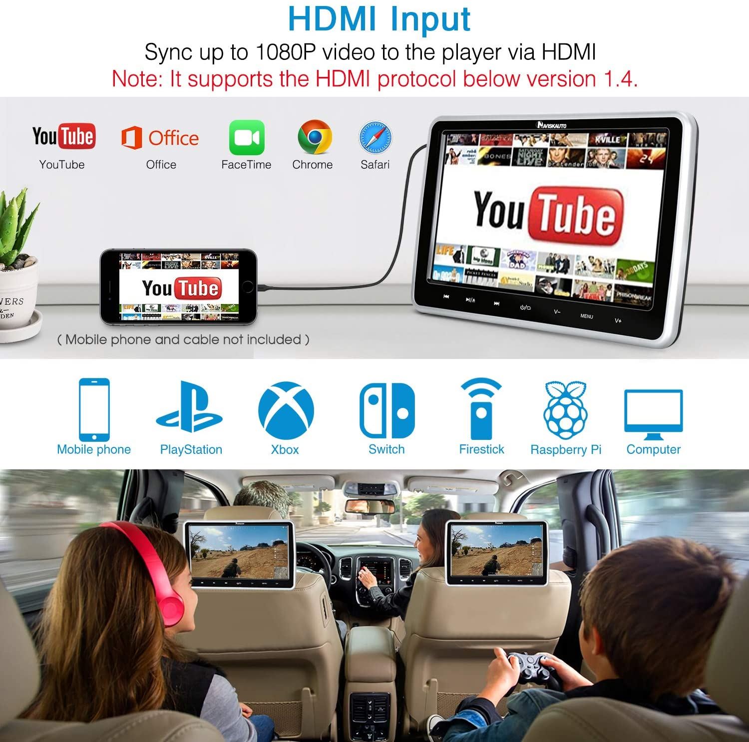 NAVISKAUTO 10.1�� Car DVD Player with HDMI Input Headrest Mount