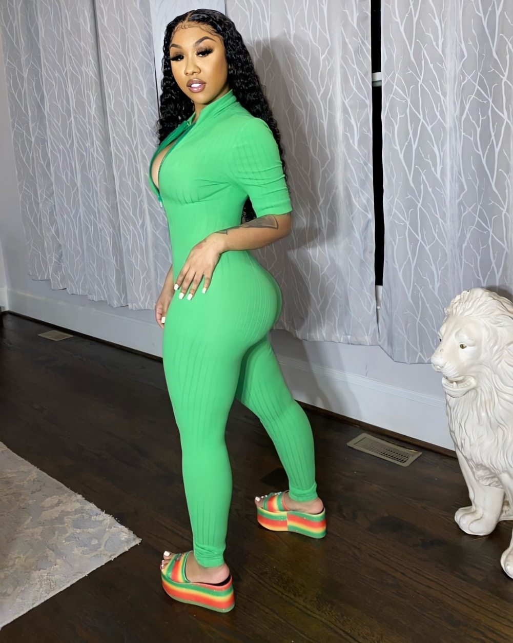 Summer Shorts Sleeves Zipper Bodycon Jumpsuit