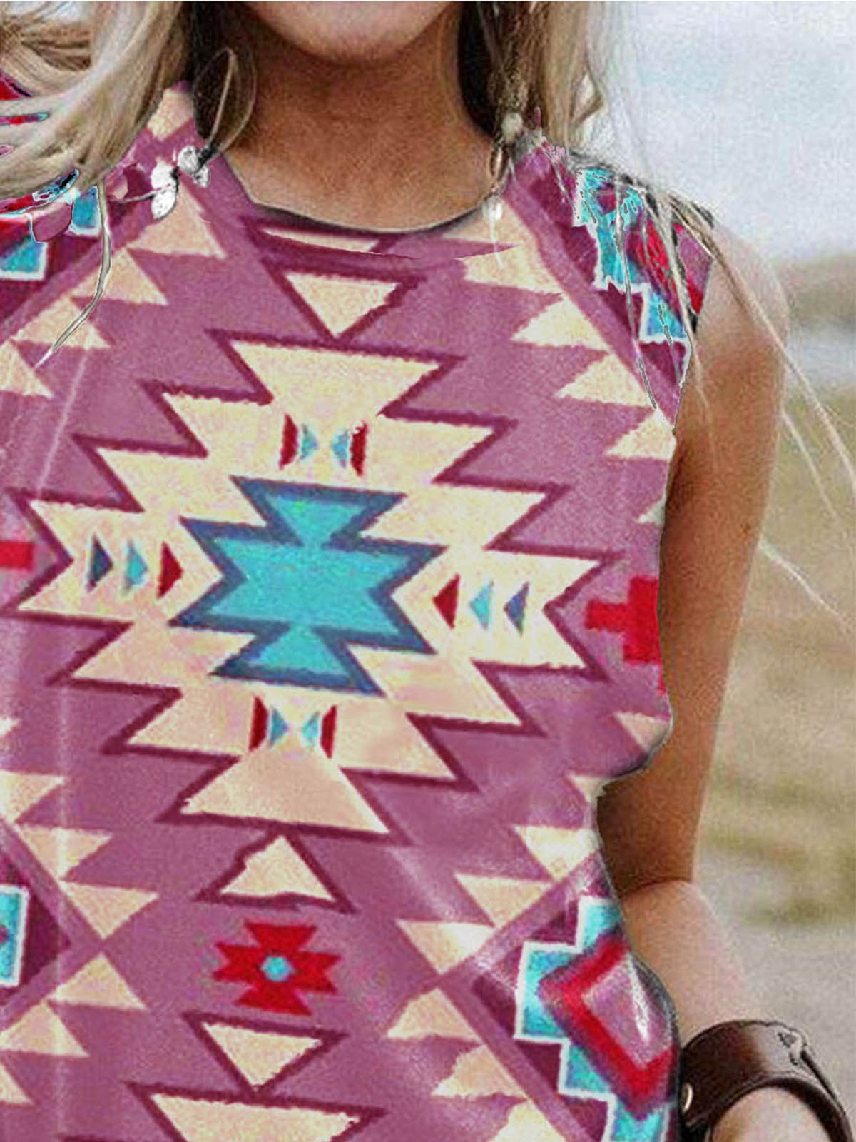 Crew Neck Casual Cotton-Blend Geometric Shirts & Tops