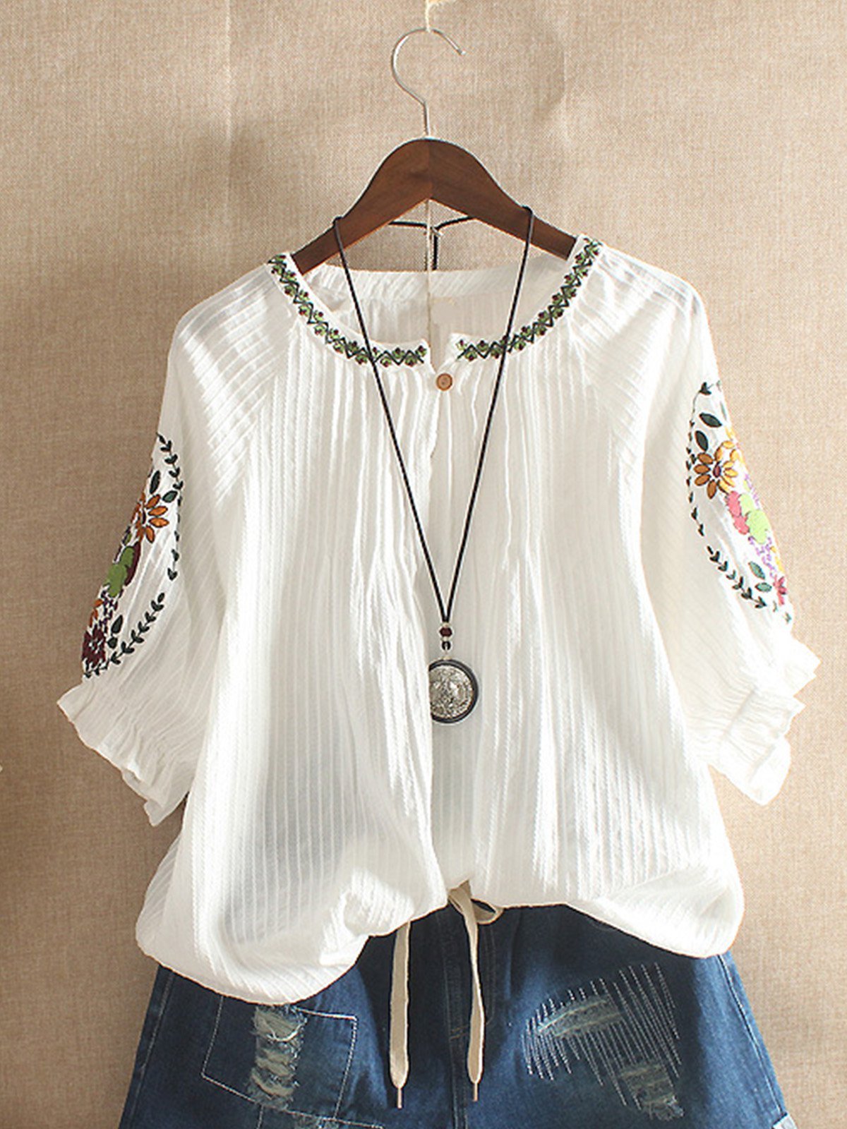 Women Casual Embroidery Tops Tunic Blouse Shirt