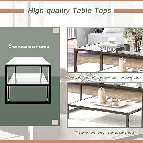 Glass Coffee Table Cocktail Tables, Metal with Stained White Tempered Glass / 2-Tier