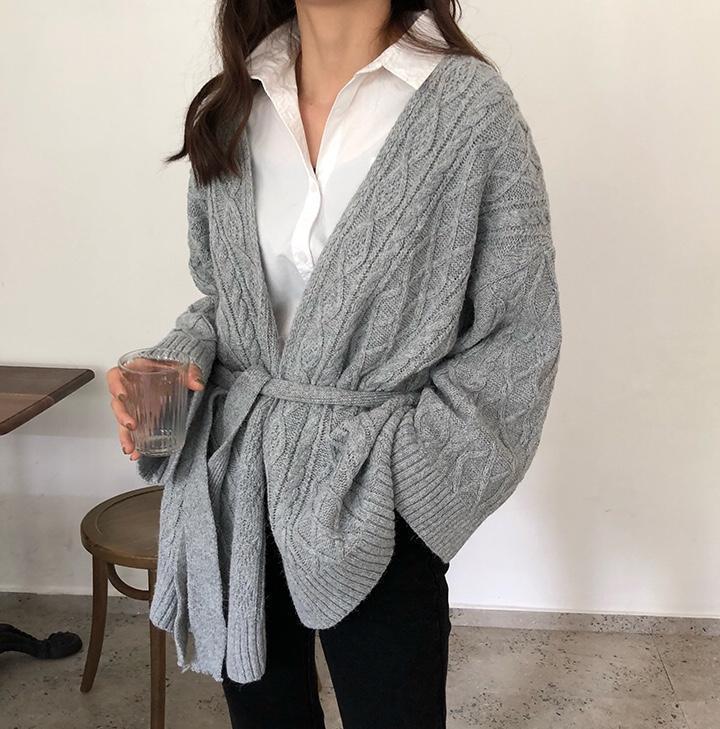 Fashion Loose Pure Colour Belted Sweater Cardigan