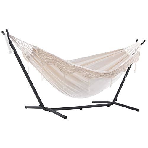 Vivere Double Hammock with Space Saving Steel Stand, Natural (450 lb Capacity – Premium Carry Bag Included)