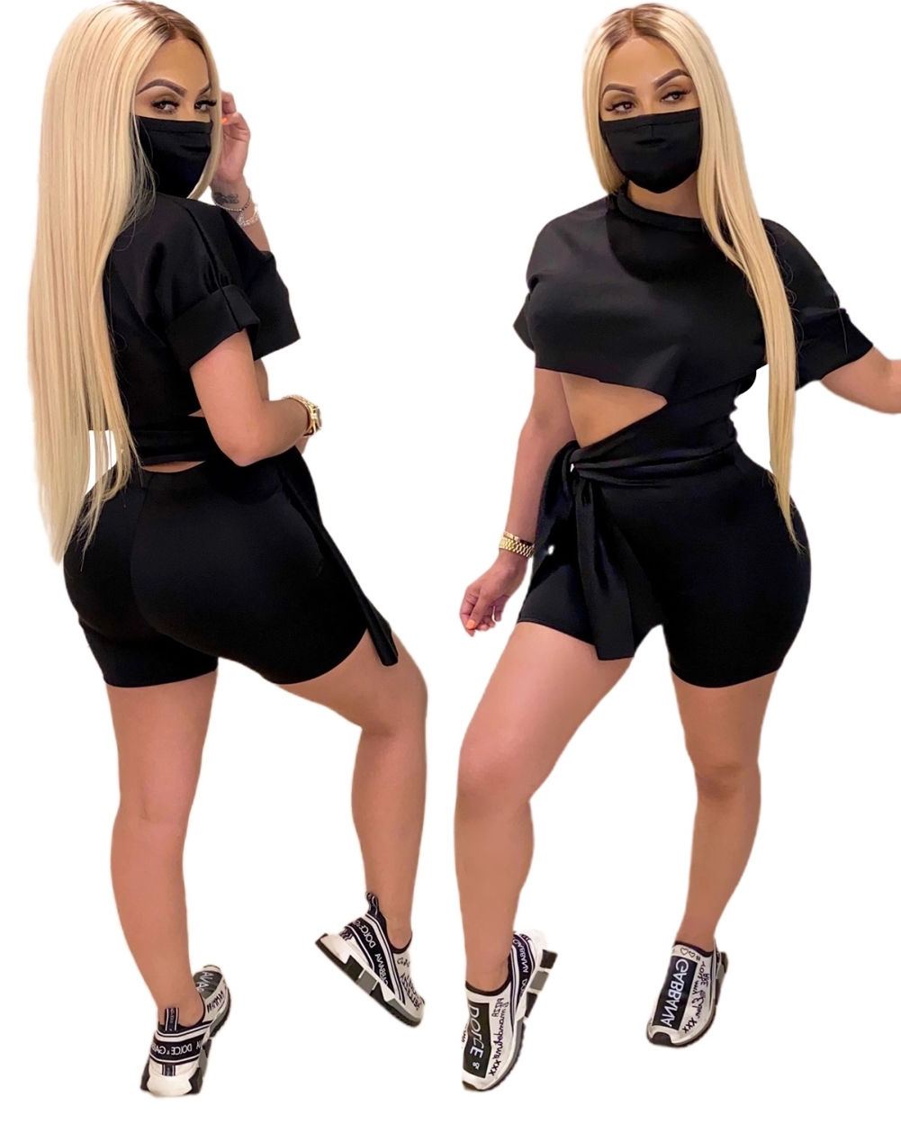 Summer Solid Color Two Piece Knot Biker Short Set