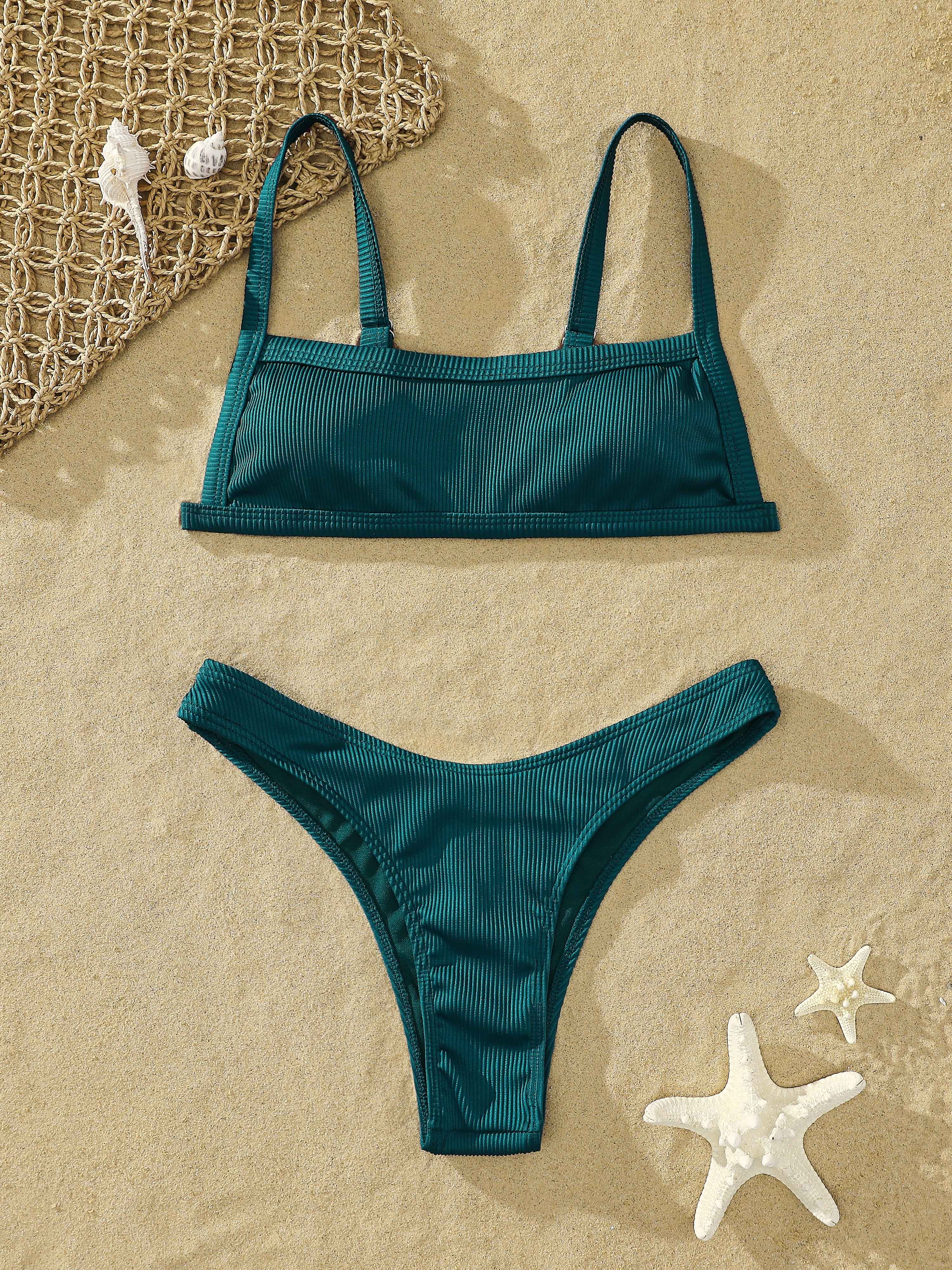 Solid Ribbed High Cut Bikini