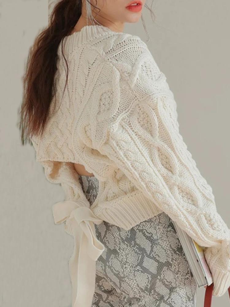 Fashion Pure Colour Back Waist Belted Round Neck Sweater