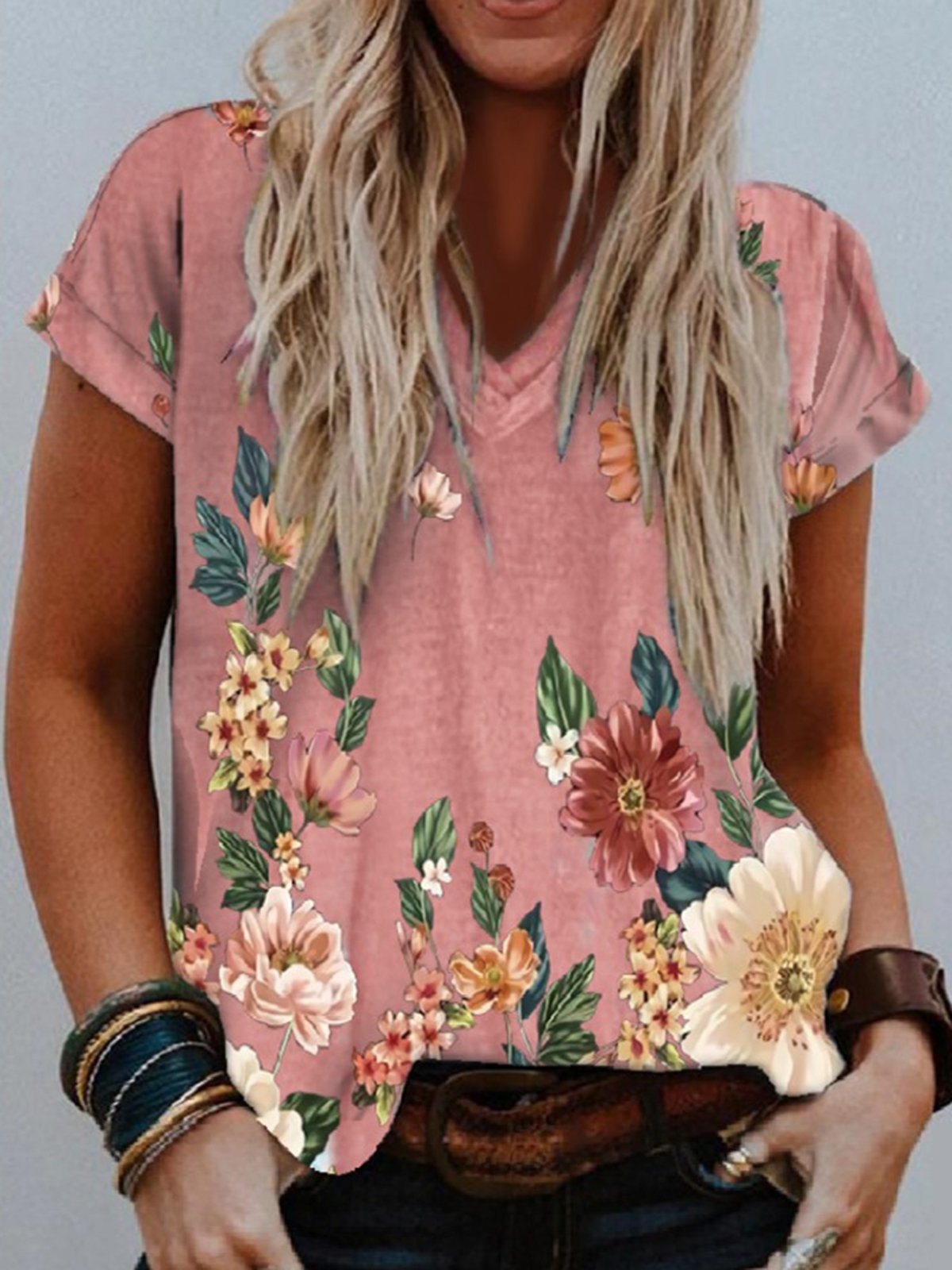 V Neck Floral Casual Short Sleeve Shirts & Tops