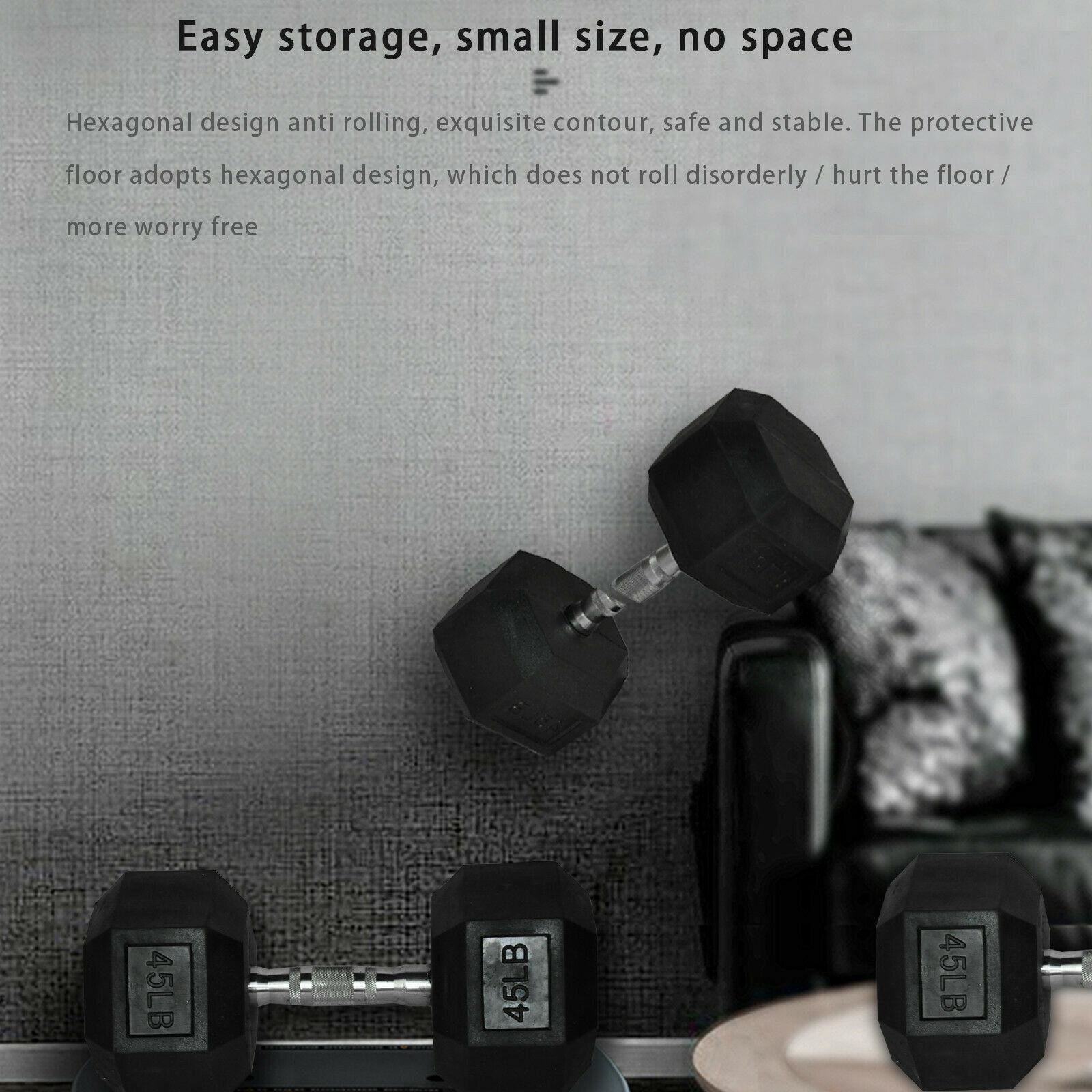 10Pair Rubber Dumbbells 5-50 lb with Dumbbells Rack Hexagonal Home Gym Equipment