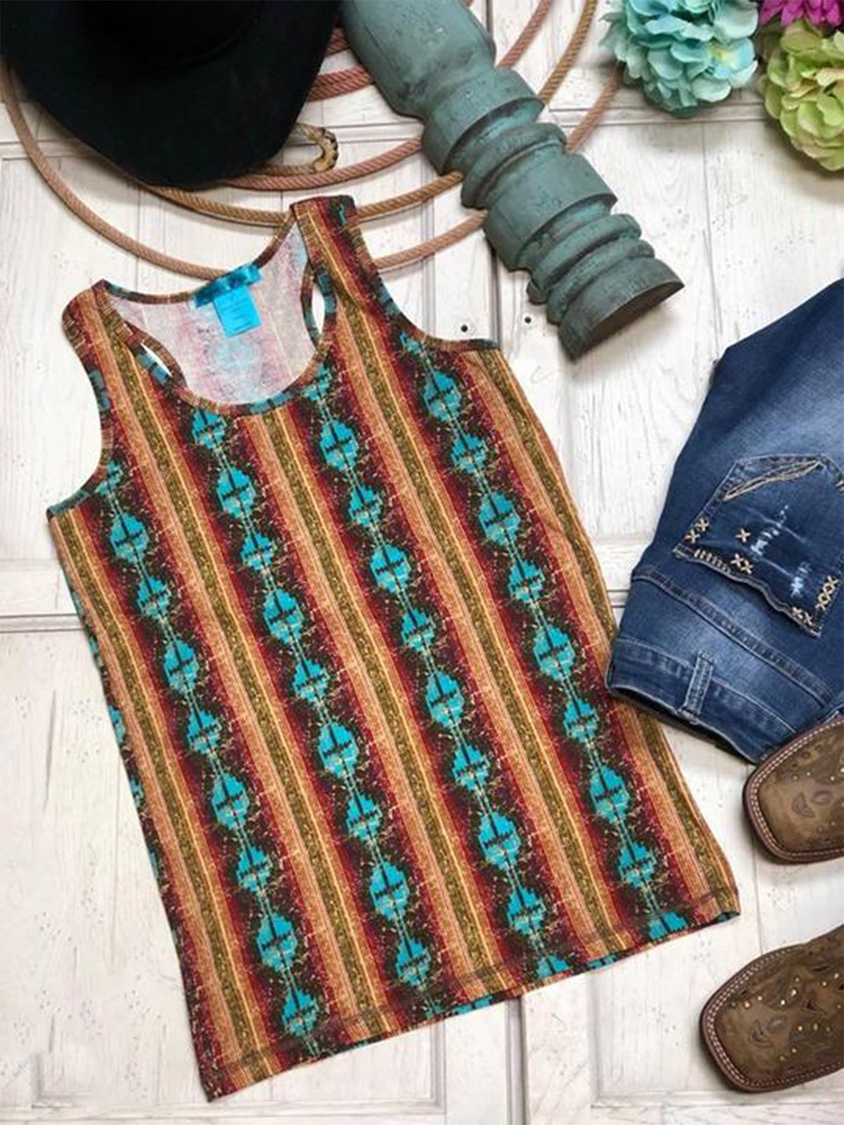 Boho Crew Neck Geometric Sleeveless Holiday Vests