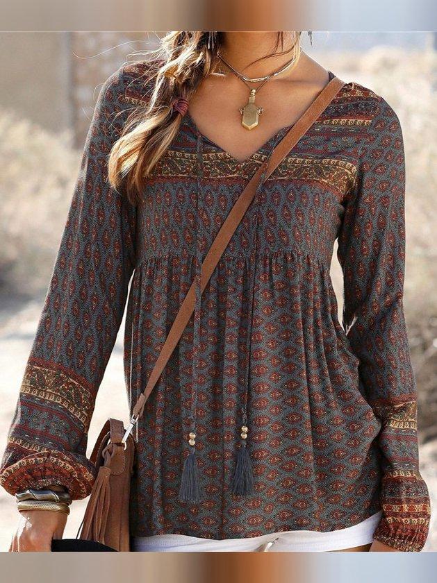 Tribal V Neck Long Sleeve Blouse