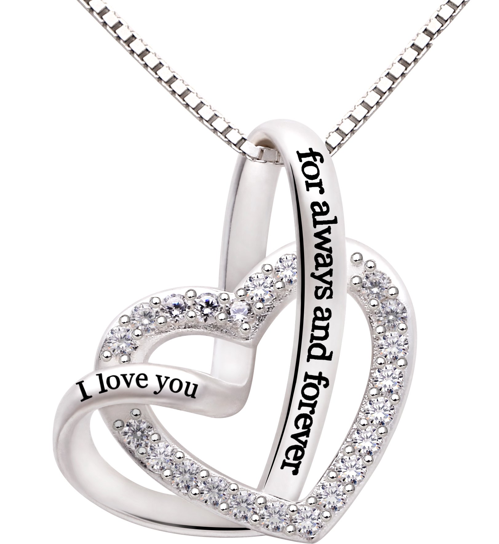 ALOV Jewelry Sterling Silver I love you for always and forever Love Heart Cubic Zirconia Necklace