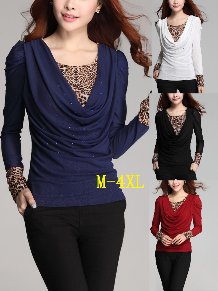 Vintage Long Sleeve Acrylic Leopard Print Blouse & Shirts