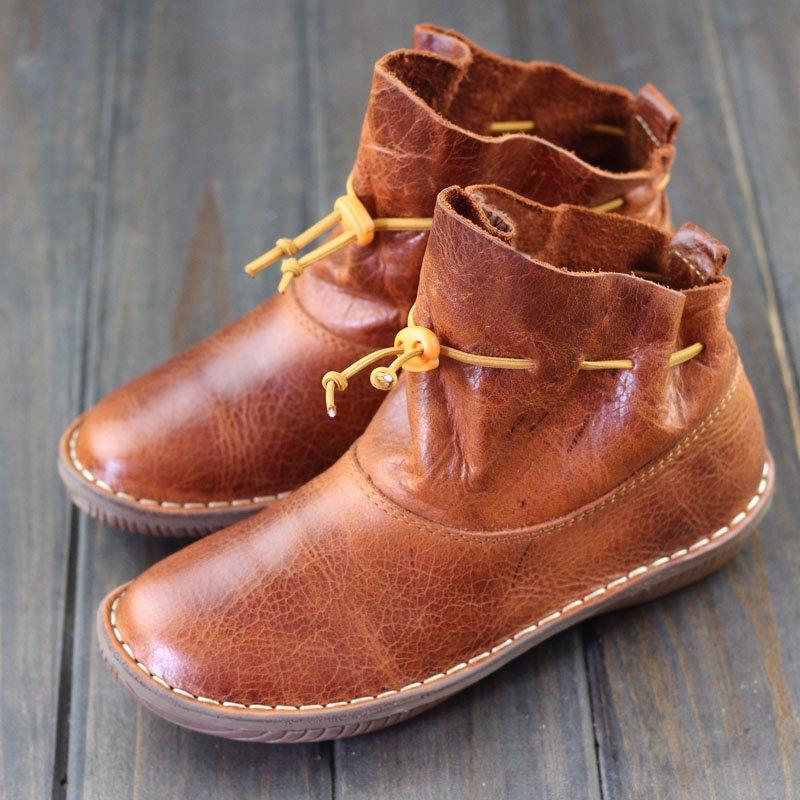 Women Comfy Slip-On Ankle Booties Vintage Flat Heel Boots