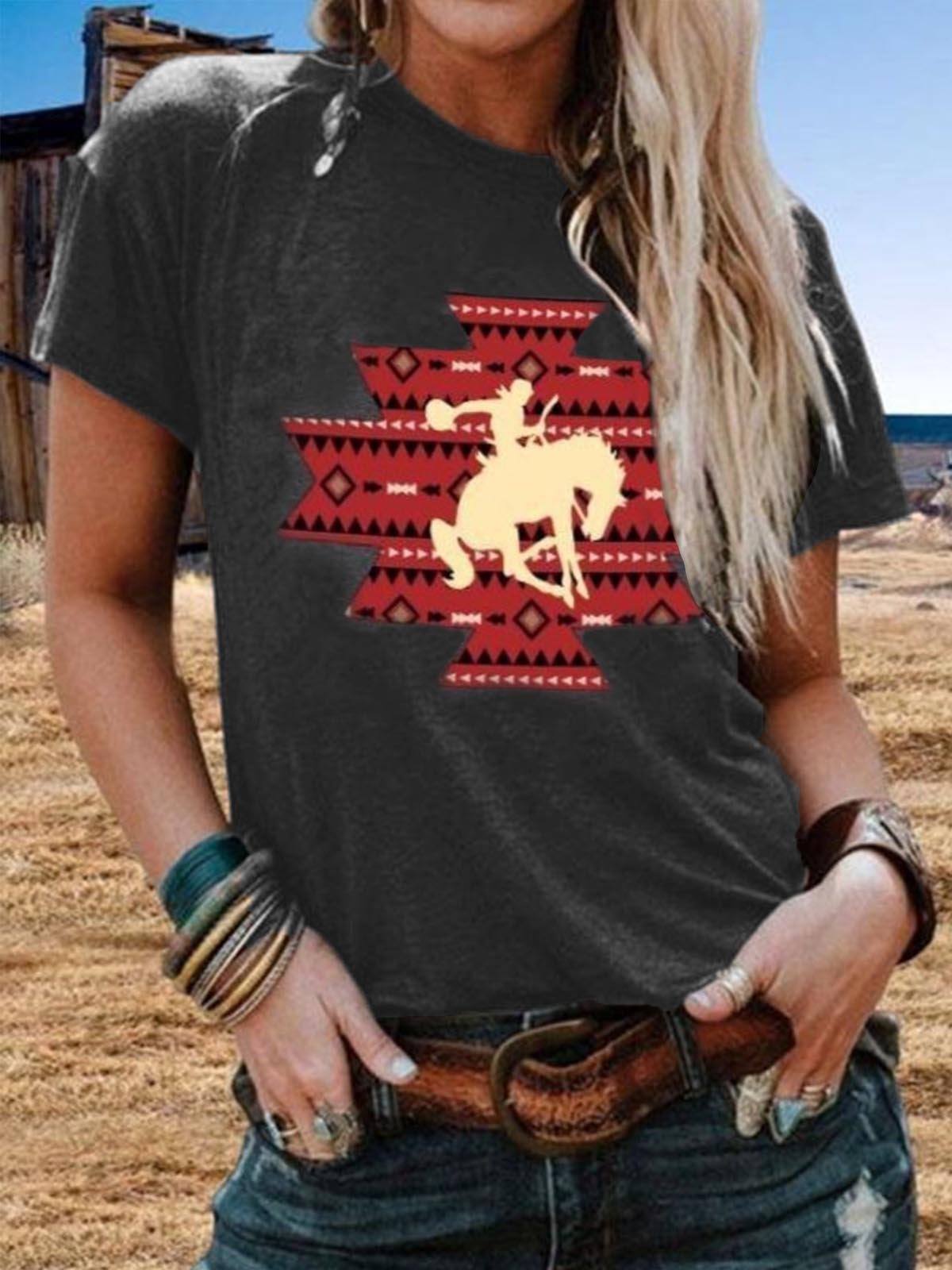 Geometric Crew Neck Color-Block Short Sleeve Shirts & Tops