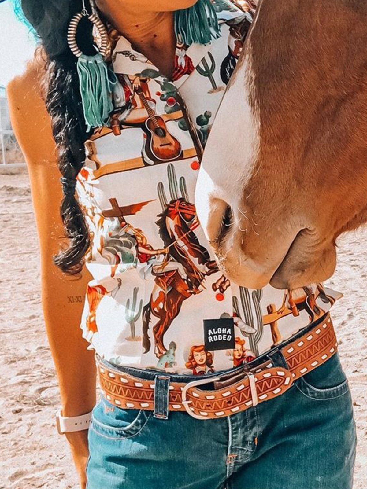 Vintage Sleeveless Boho Cactus Geometric Printed Plus Size Casual Vest Tops