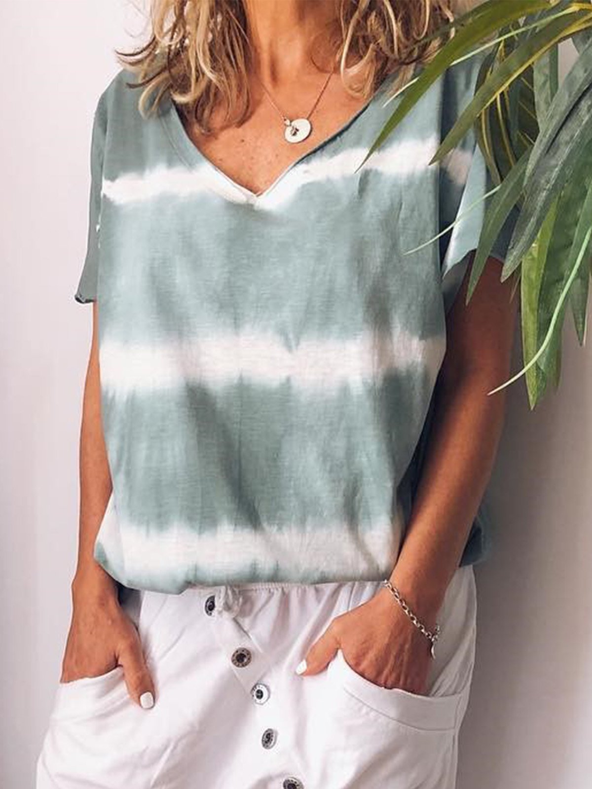 Women  V-neck Short Sleeve  Striped  Floral  Casual  Blouses